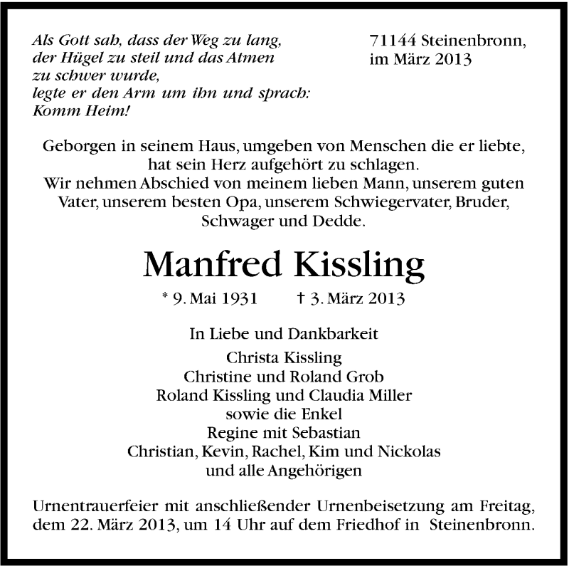  Traueranzeige für Manfred Kissling vom 20.03.2013 aus Stuttgarter Zeitung / Stuttgarter Nachrichten