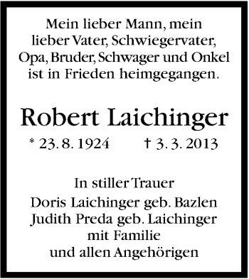 Traueranzeige von Robert Laichinger von Stuttgarter Zeitung / Stuttgarter Nachrichten