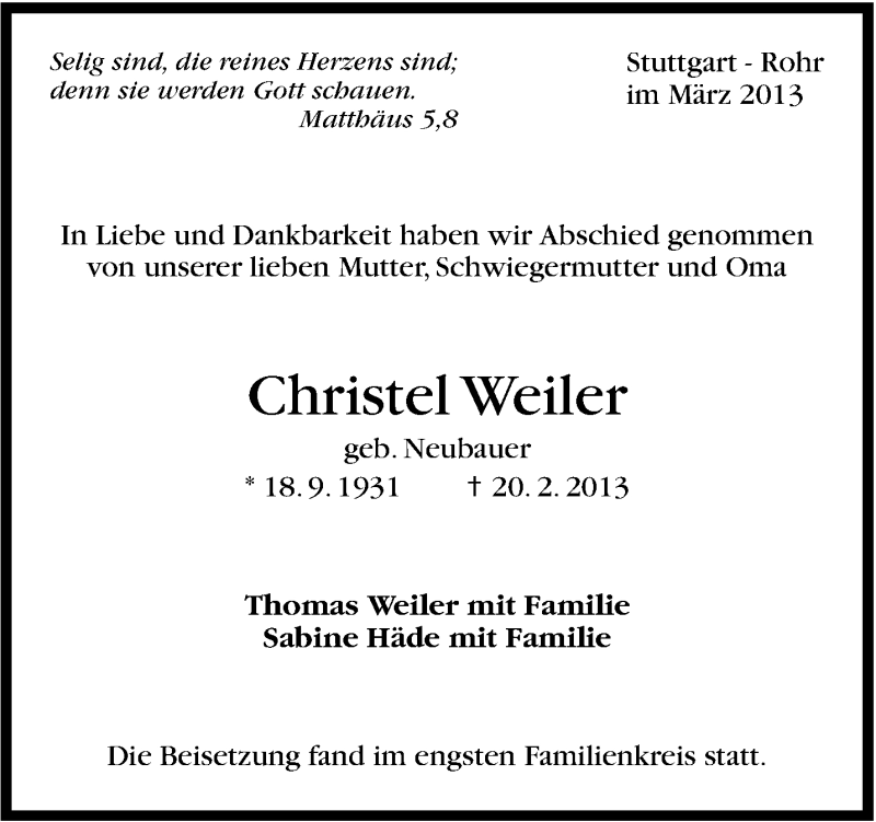  Traueranzeige für Christel Weiler vom 23.03.2013 aus Stuttgarter Zeitung / Stuttgarter Nachrichten