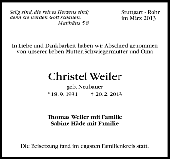 Traueranzeige von Christel Weiler von Stuttgarter Zeitung / Stuttgarter Nachrichten
