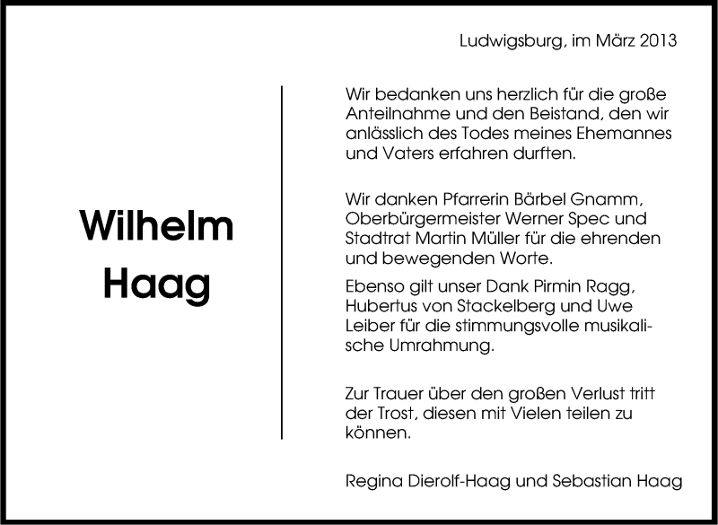  Traueranzeige für Wilhelm Haag vom 23.03.2013 aus Stuttgarter Zeitung / Stuttgarter Nachrichten