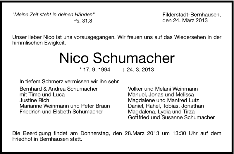  Traueranzeige für Nico Schumacher vom 27.03.2013 aus Stuttgarter Zeitung / Stuttgarter Nachrichten