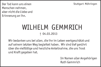 Traueranzeige von Wilhelm Gemmrich von Stuttgarter Zeitung / Stuttgarter Nachrichten