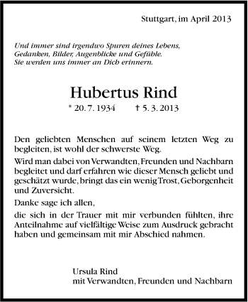 Traueranzeige von Hubertus Rind von Stuttgarter Zeitung / Stuttgarter Nachrichten