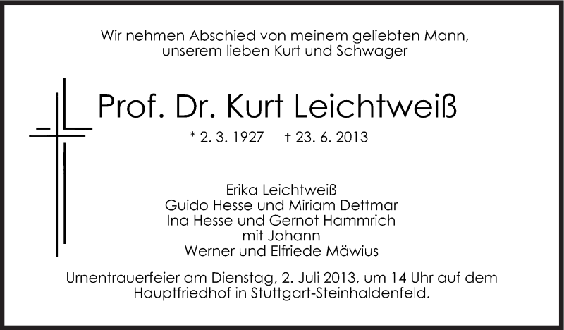  Traueranzeige für Kurt Leichtweiß vom 28.06.2013 aus Stuttgarter Zeitung / Stuttgarter Nachrichten
