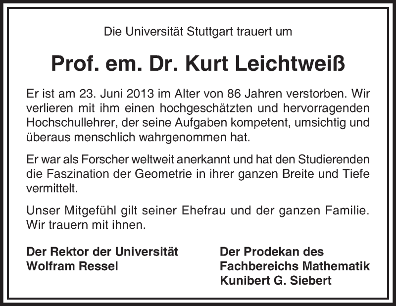  Traueranzeige für Kurt Leichtweiß vom 29.06.2013 aus Stuttgarter Zeitung / Stuttgarter Nachrichten