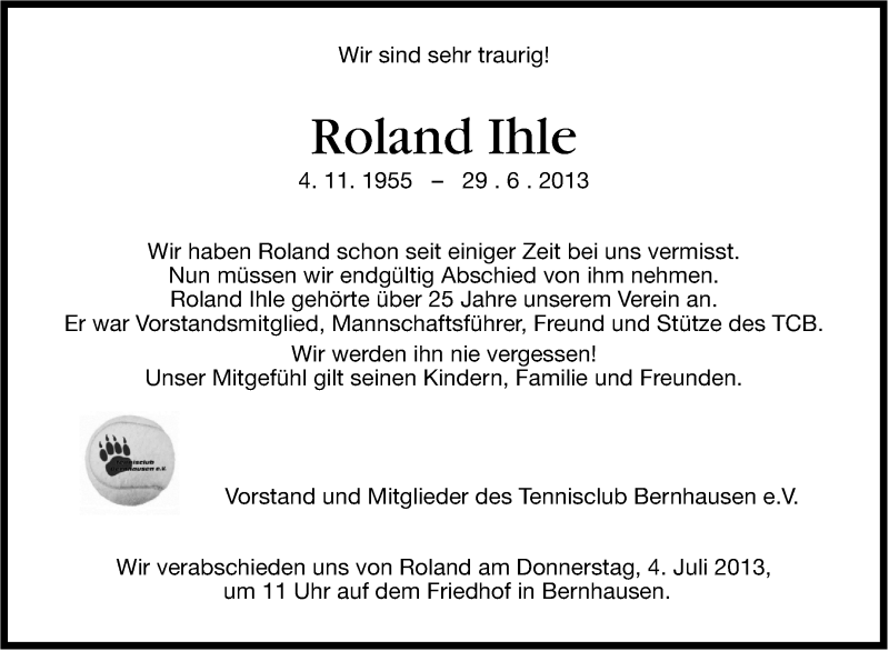  Traueranzeige für Roland Ihle vom 03.07.2013 aus Stuttgarter Zeitung / Stuttgarter Nachrichten