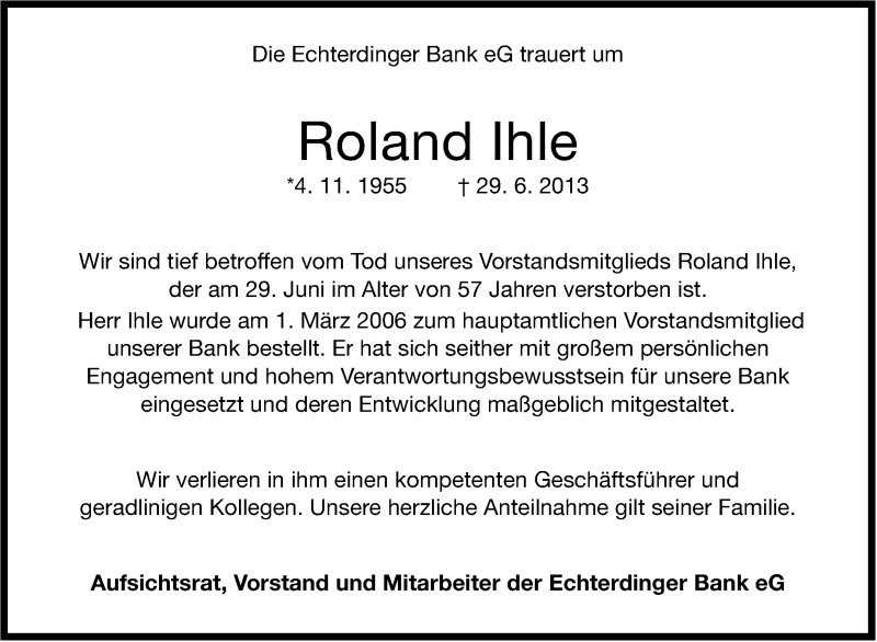  Traueranzeige für Roland Ihle vom 03.07.2013 aus Stuttgarter Zeitung / Stuttgarter Nachrichten