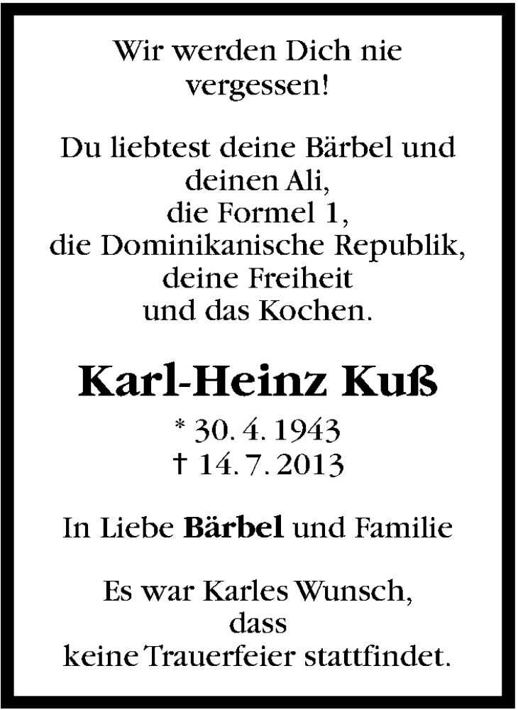  Traueranzeige für Karl-Heinz Kuß vom 17.07.2013 aus Stuttgarter Zeitung / Stuttgarter Nachrichten