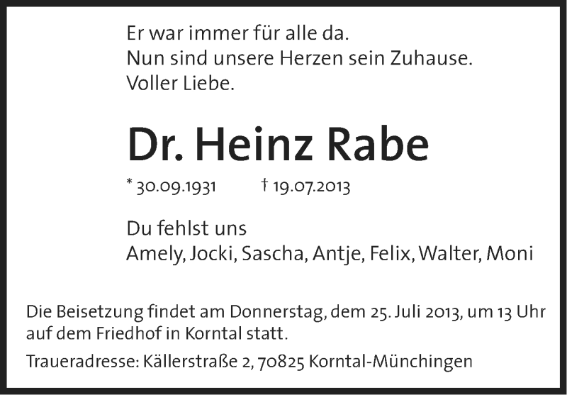  Traueranzeige für Heinz Rabe vom 23.07.2013 aus Stuttgarter Zeitung / Stuttgarter Nachrichten