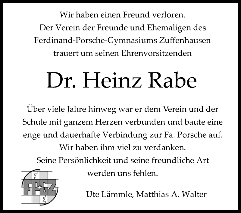  Traueranzeige für Heinz Rabe vom 24.07.2013 aus Stuttgarter Zeitung / Stuttgarter Nachrichten