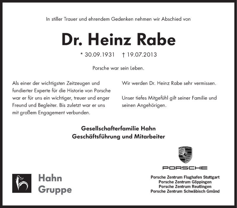  Traueranzeige für Heinz Rabe vom 24.07.2013 aus Stuttgarter Zeitung / Stuttgarter Nachrichten