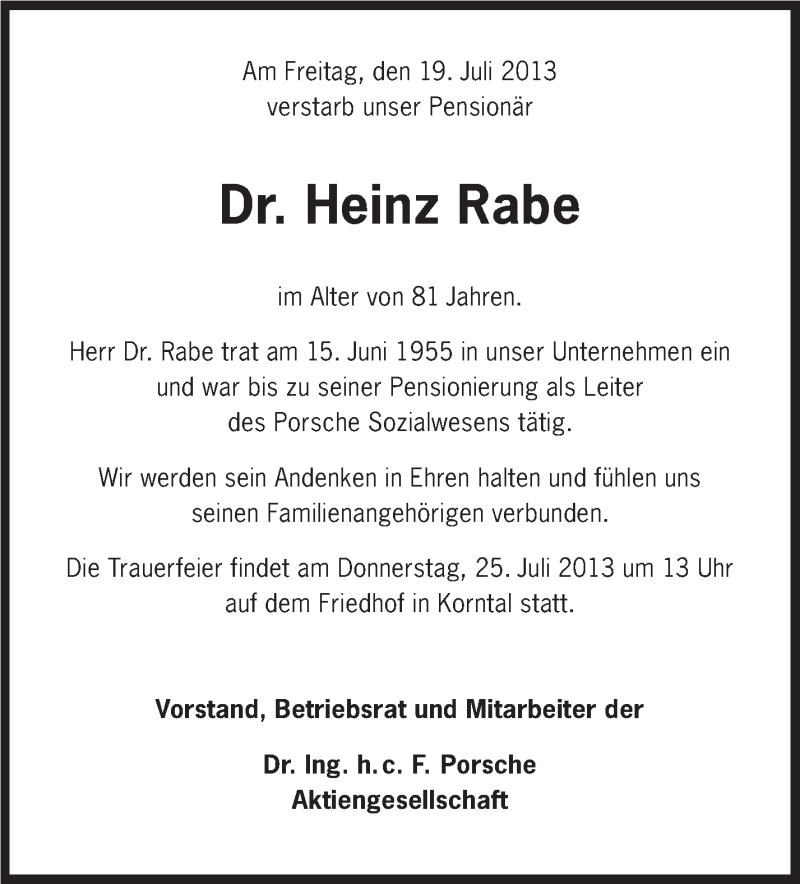 Traueranzeige für Heinz Rabe vom 24.07.2013 aus Stuttgarter Zeitung / Stuttgarter Nachrichten