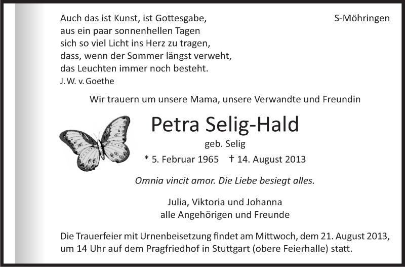  Traueranzeige für Petra Selig-Hald vom 17.08.2013 aus Stuttgarter Zeitung / Stuttgarter Nachrichten