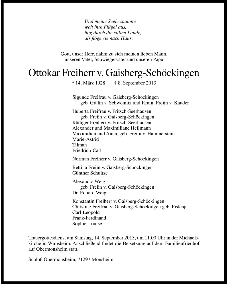  Traueranzeige für Ottokar Freiherr v. Gaisberg-Schöckingen vom 12.09.2013 aus Stuttgarter Zeitung / Stuttgarter Nachrichten