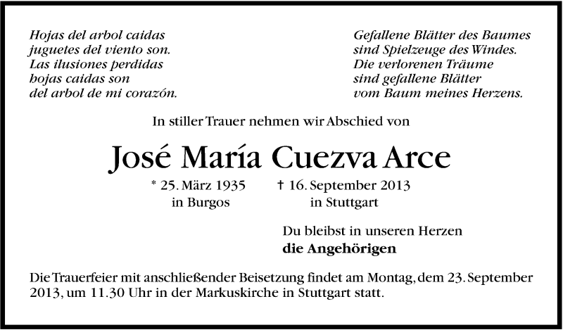  Traueranzeige für José María Cuezva Arce vom 20.09.2013 aus Stuttgarter Zeitung / Stuttgarter Nachrichten