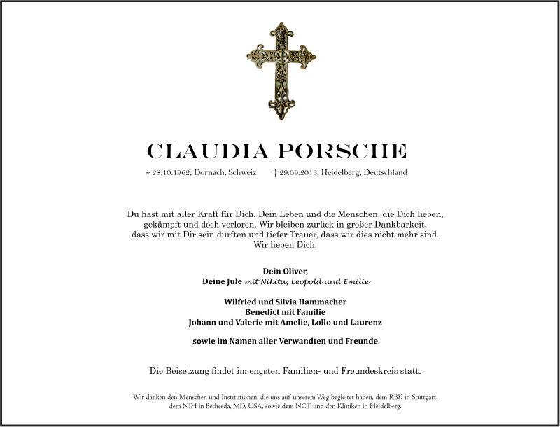  Traueranzeige für Claudia Porsche vom 02.10.2013 aus Stuttgarter Zeitung / Stuttgarter Nachrichten