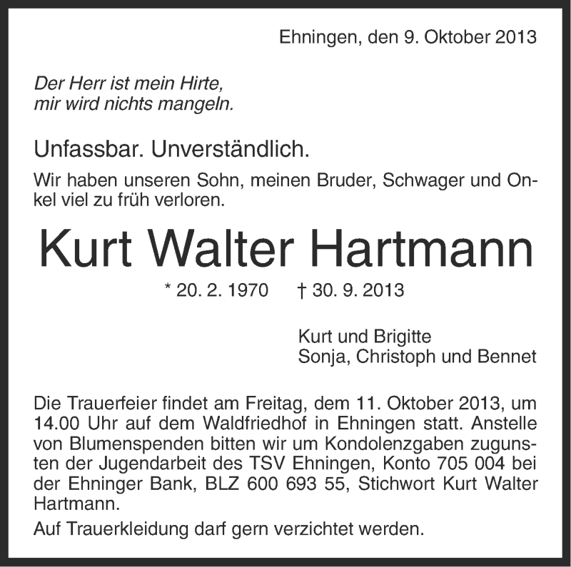  Traueranzeige für Kurt Walter Hartmann vom 09.10.2013 aus Stuttgarter Zeitung / Stuttgarter Nachrichten