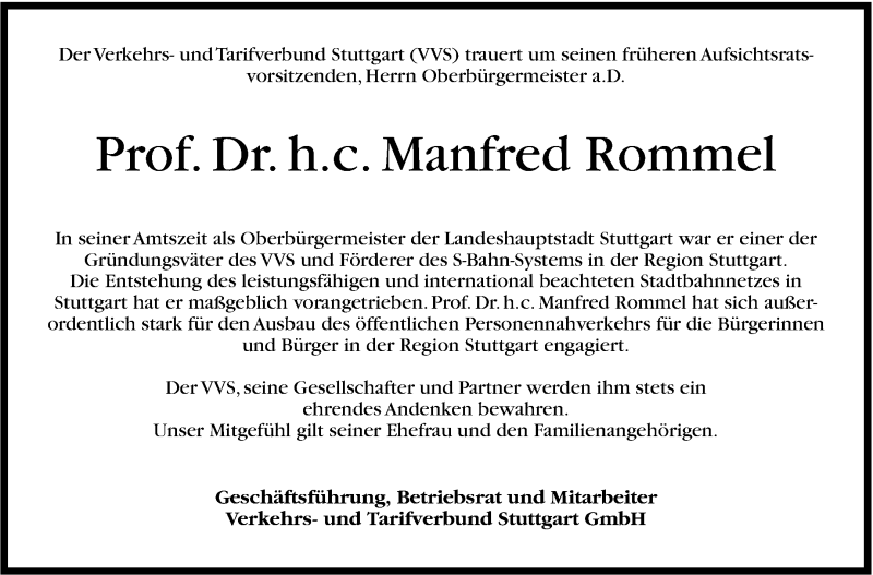  Traueranzeige für Manfred Rommel vom 09.11.2013 aus Stuttgarter Zeitung / Stuttgarter Nachrichten