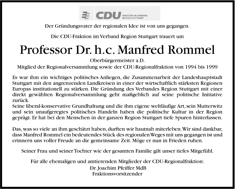  Traueranzeige für Manfred Rommel vom 09.11.2013 aus Stuttgarter Zeitung / Stuttgarter Nachrichten