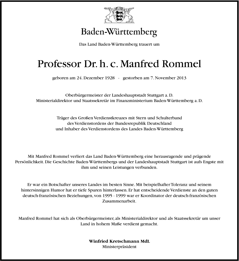  Traueranzeige für Manfred Rommel vom 09.11.2013 aus Stuttgarter Zeitung / Stuttgarter Nachrichten