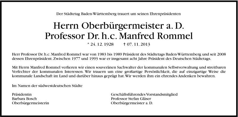  Traueranzeige für Manfred Rommel vom 09.11.2013 aus Stuttgarter Zeitung / Stuttgarter Nachrichten