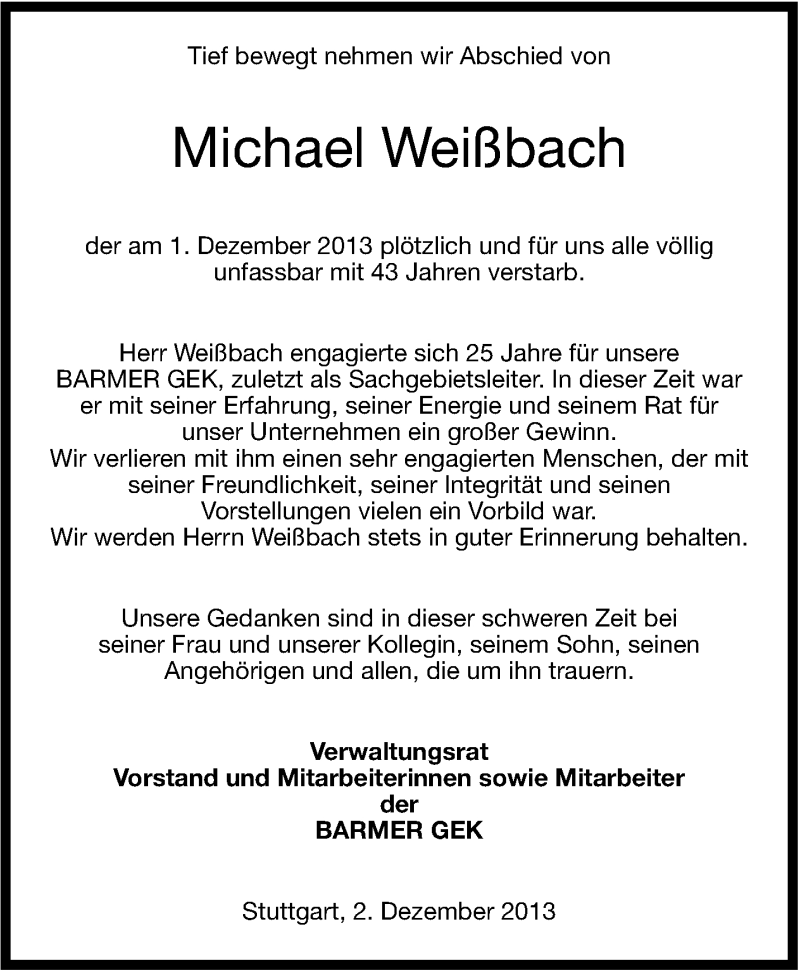  Traueranzeige für Michael Weißbach vom 03.12.2013 aus Stuttgarter Zeitung / Stuttgarter Nachrichten
