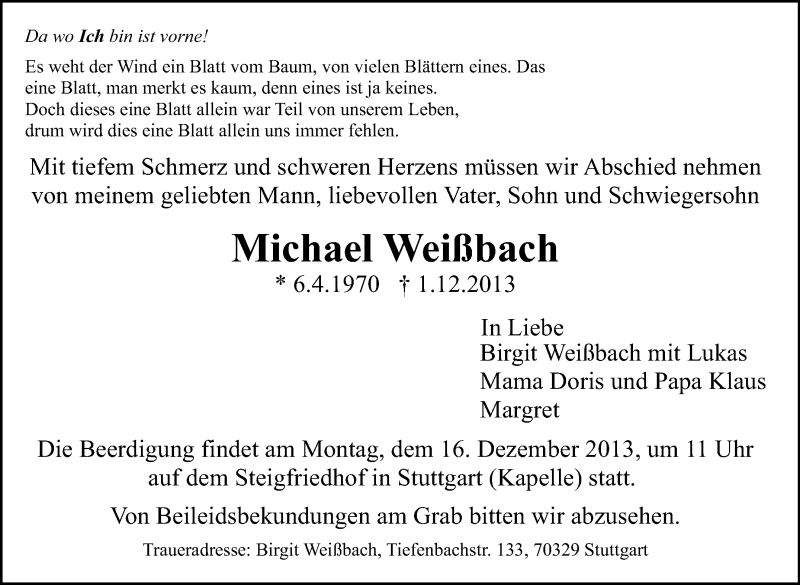  Traueranzeige für Michael Weißbach vom 07.12.2013 aus Stuttgarter Zeitung / Stuttgarter Nachrichten