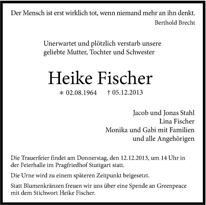  Traueranzeige für Heike Fischer vom 10.12.2013 aus Stuttgarter Zeitung / Stuttgarter Nachrichten