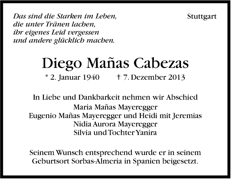  Traueranzeige für Diego Mañas Cabezas vom 21.12.2013 aus Stuttgarter Zeitung / Stuttgarter Nachrichten