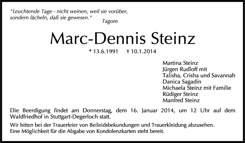  Traueranzeige für Marc-Dennis Steinz vom 14.01.2014 aus Stuttgarter Zeitung / Stuttgarter Nachrichten
