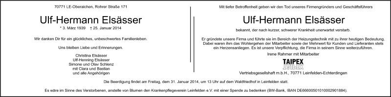  Traueranzeige für Ulf-Hermann Elsässer vom 28.01.2014 aus Stuttgarter Zeitung / Stuttgarter Nachrichten