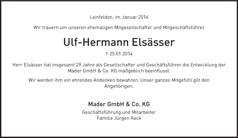  Traueranzeige für Ulf-Hermann Elsässer vom 29.01.2014 aus Stuttgarter Zeitung / Stuttgarter Nachrichten