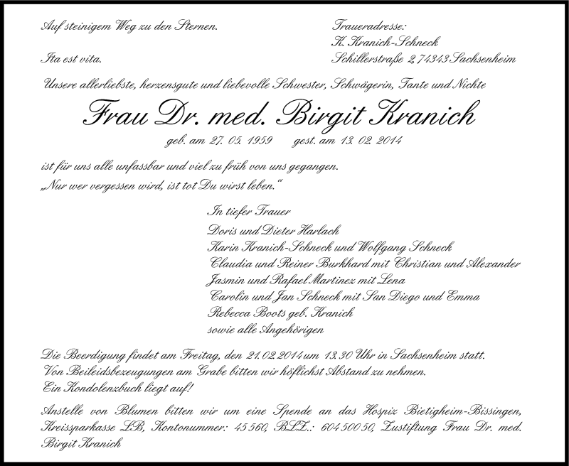  Traueranzeige für Birgit Kranich vom 18.02.2014 aus Stuttgarter Zeitung / Stuttgarter Nachrichten