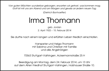 Traueranzeige von Irma Thomann von Stuttgarter Zeitung / Stuttgarter Nachrichten