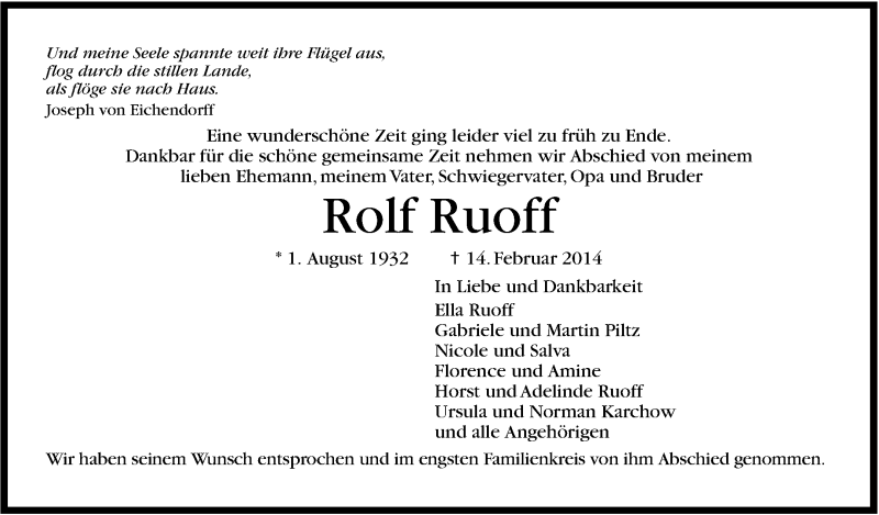  Traueranzeige für Rolf Ruoff vom 25.02.2014 aus Stuttgarter Zeitung / Stuttgarter Nachrichten