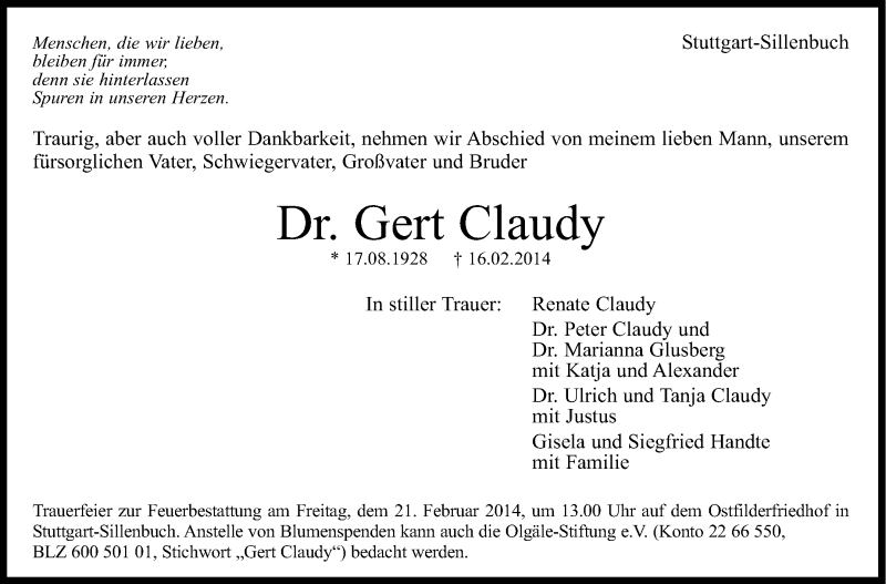 Traueranzeige für Gert Claudy vom 19.02.2014 aus Stuttgarter Zeitung / Stuttgarter Nachrichten
