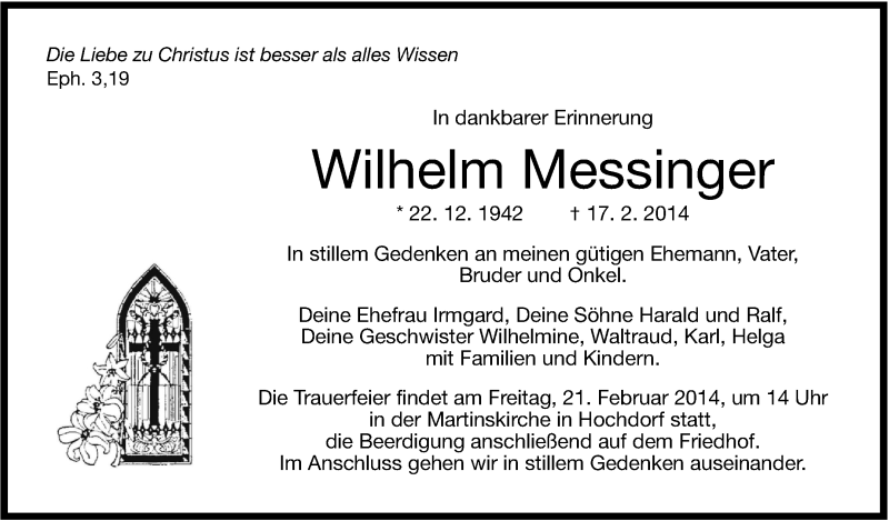  Traueranzeige für Wilhelm Messinger vom 19.02.2014 aus Stuttgarter Zeitung / Stuttgarter Nachrichten