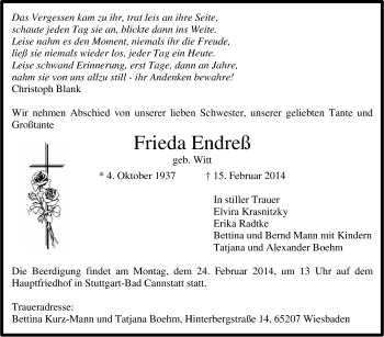 Traueranzeige von Frieda Endreß von Stuttgarter Zeitung / Stuttgarter Nachrichten