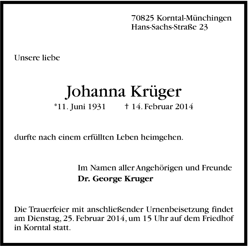  Traueranzeige für Johanna Krüger vom 20.02.2014 aus Stuttgarter Zeitung / Stuttgarter Nachrichten