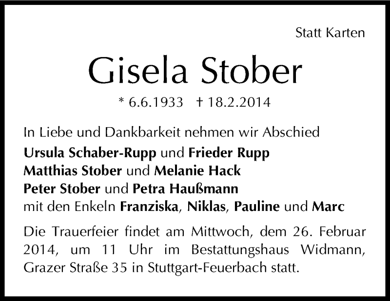  Traueranzeige für Gisela Stober vom 22.02.2014 aus Stuttgarter Zeitung / Stuttgarter Nachrichten