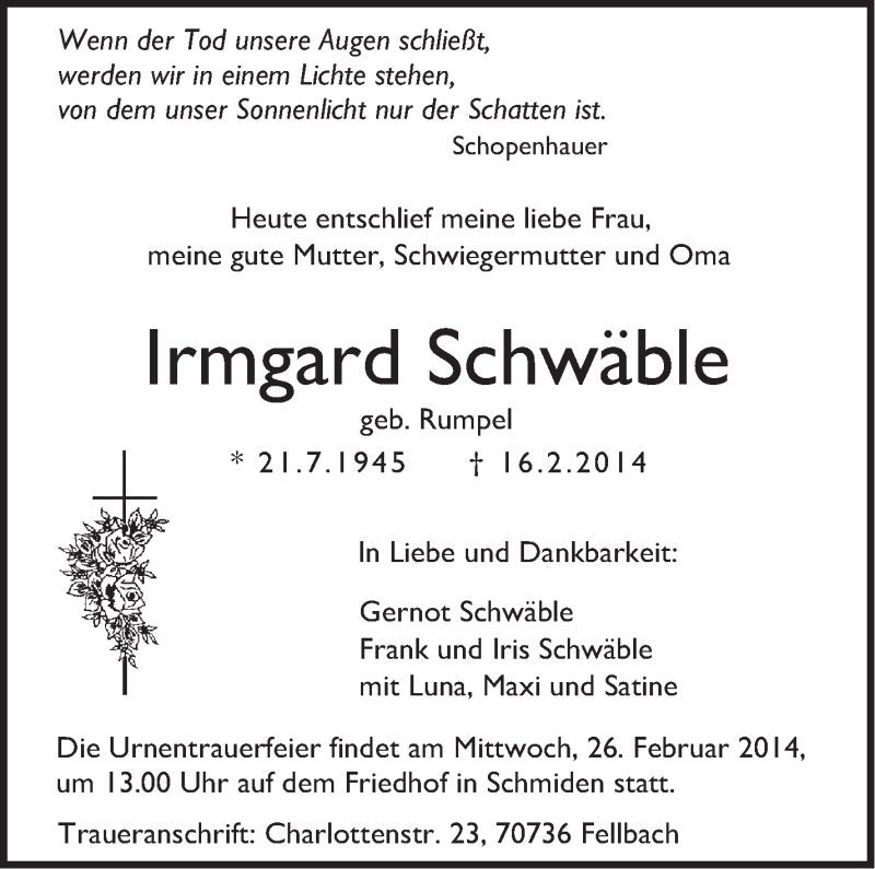  Traueranzeige für Irmgard Schwäble vom 19.02.2014 aus Stuttgarter Zeitung / Stuttgarter Nachrichten