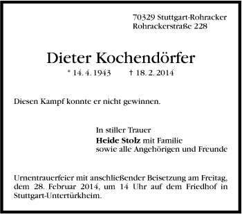 Traueranzeige von Dieter Kochendörfer von Stuttgarter Zeitung / Stuttgarter Nachrichten