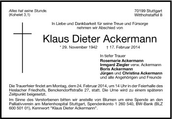 Traueranzeige von Klaus Dieter Ackermann von Stuttgarter Zeitung / Stuttgarter Nachrichten