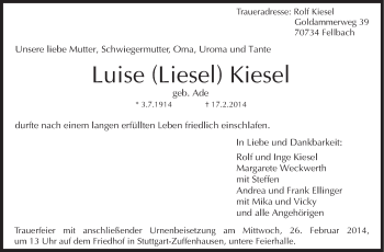 Traueranzeige von Luise  Kiesel von Stuttgarter Zeitung / Stuttgarter Nachrichten