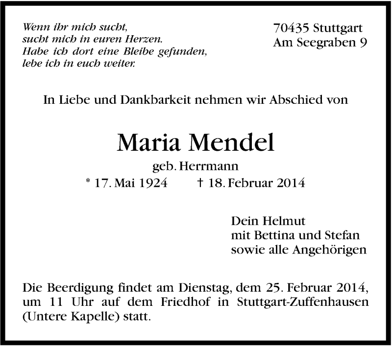  Traueranzeige für Maria Mendel vom 22.02.2014 aus Stuttgarter Zeitung / Stuttgarter Nachrichten