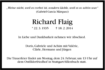 Traueranzeige von Richard Flaig von Stuttgarter Zeitung / Stuttgarter Nachrichten