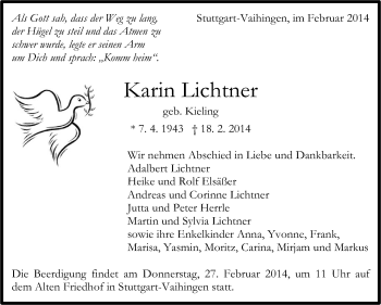Traueranzeige von Karin Lichtner von Stuttgarter Zeitung / Stuttgarter Nachrichten