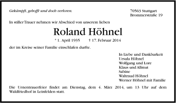 Traueranzeige von Roland Höhnel von Stuttgarter Zeitung / Stuttgarter Nachrichten