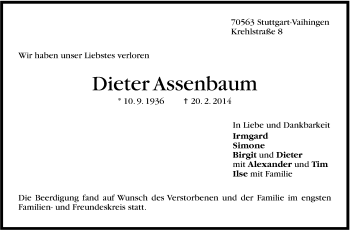 Traueranzeige von Dieter Assenbaum von Stuttgarter Zeitung / Stuttgarter Nachrichten